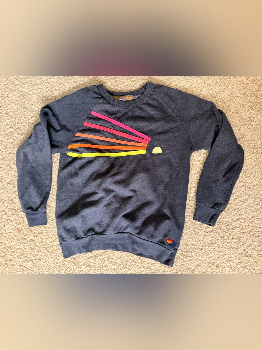 Aviator Nation Navy Crewneck Sweater with Neon Rainbow Rays